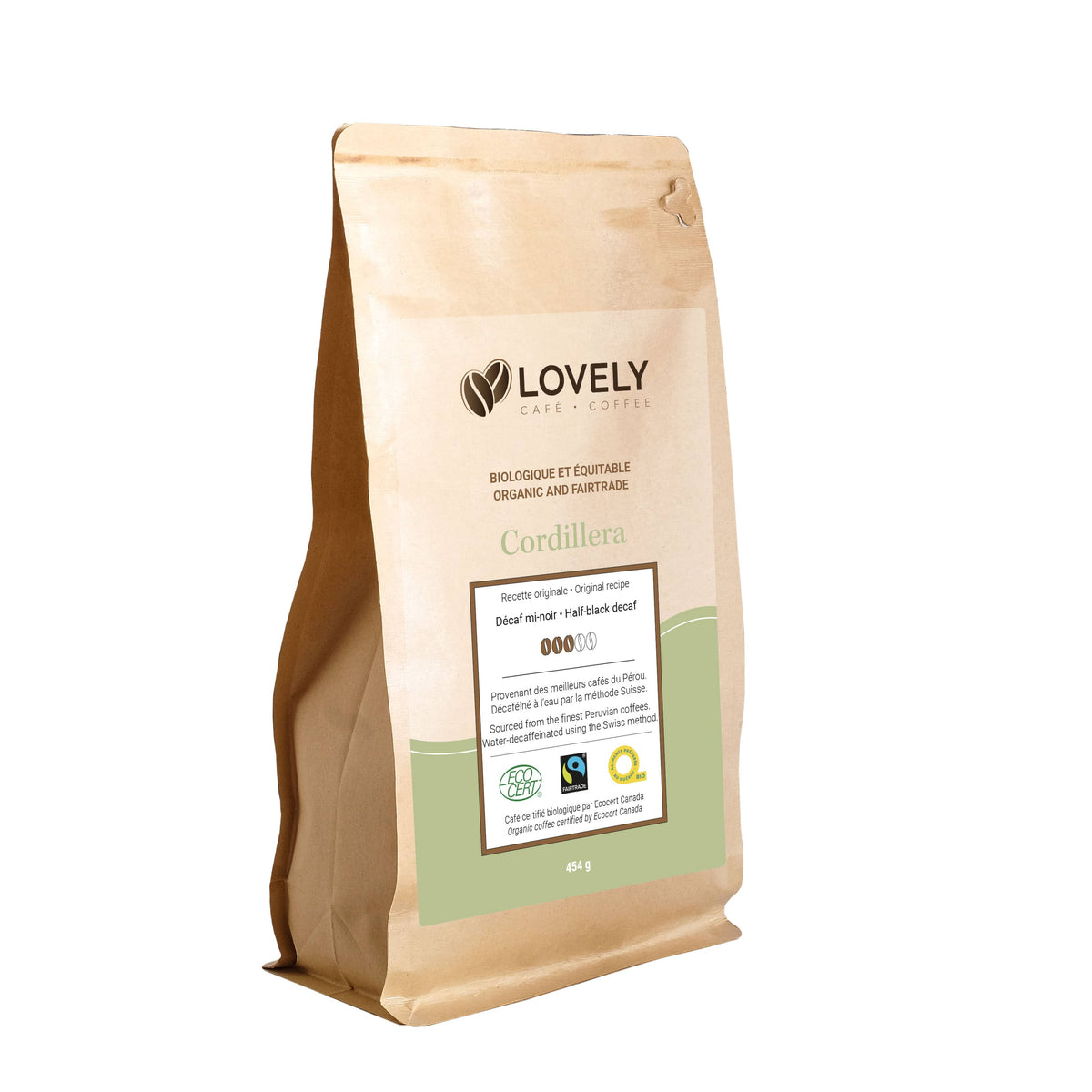 LOVELY CAFÉ Épicerie Café cordillera décaféiné en grain bio 454g