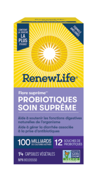 RENEW LIFE Suppléments Flore suprême probiotiques soin suprême (100 milliards) 14vcaps
DATE DE PÉREMPTION : 31 OCTOBRE 2026