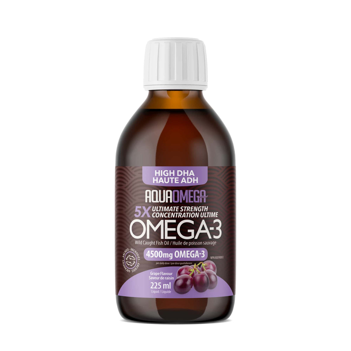 AQUA OMEGA Suppléments Omega-3 4500mg haute ADH  (raisin) 225ml