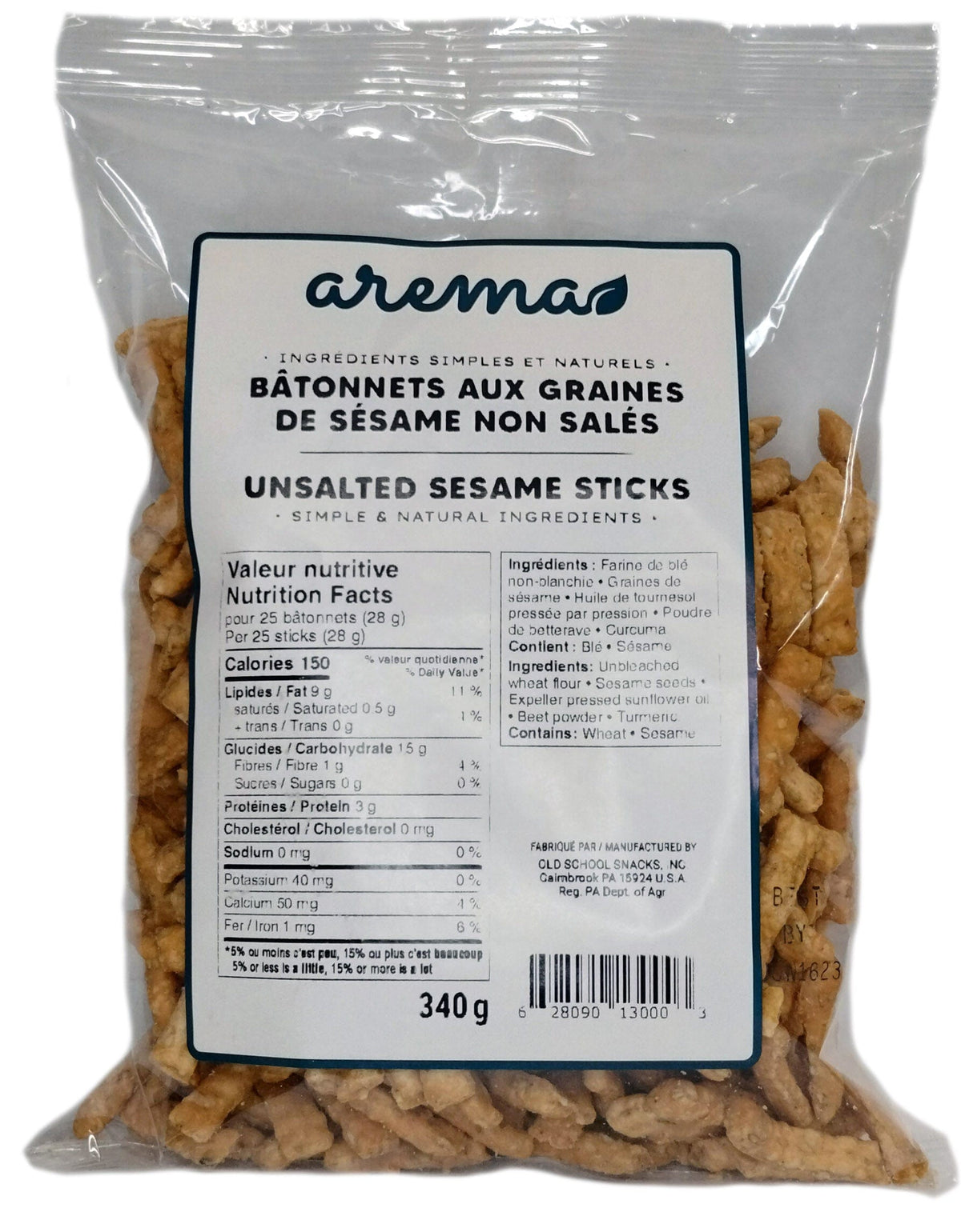AREMA Épicerie Bâtonnets aux graines de sésame non-salés 340g