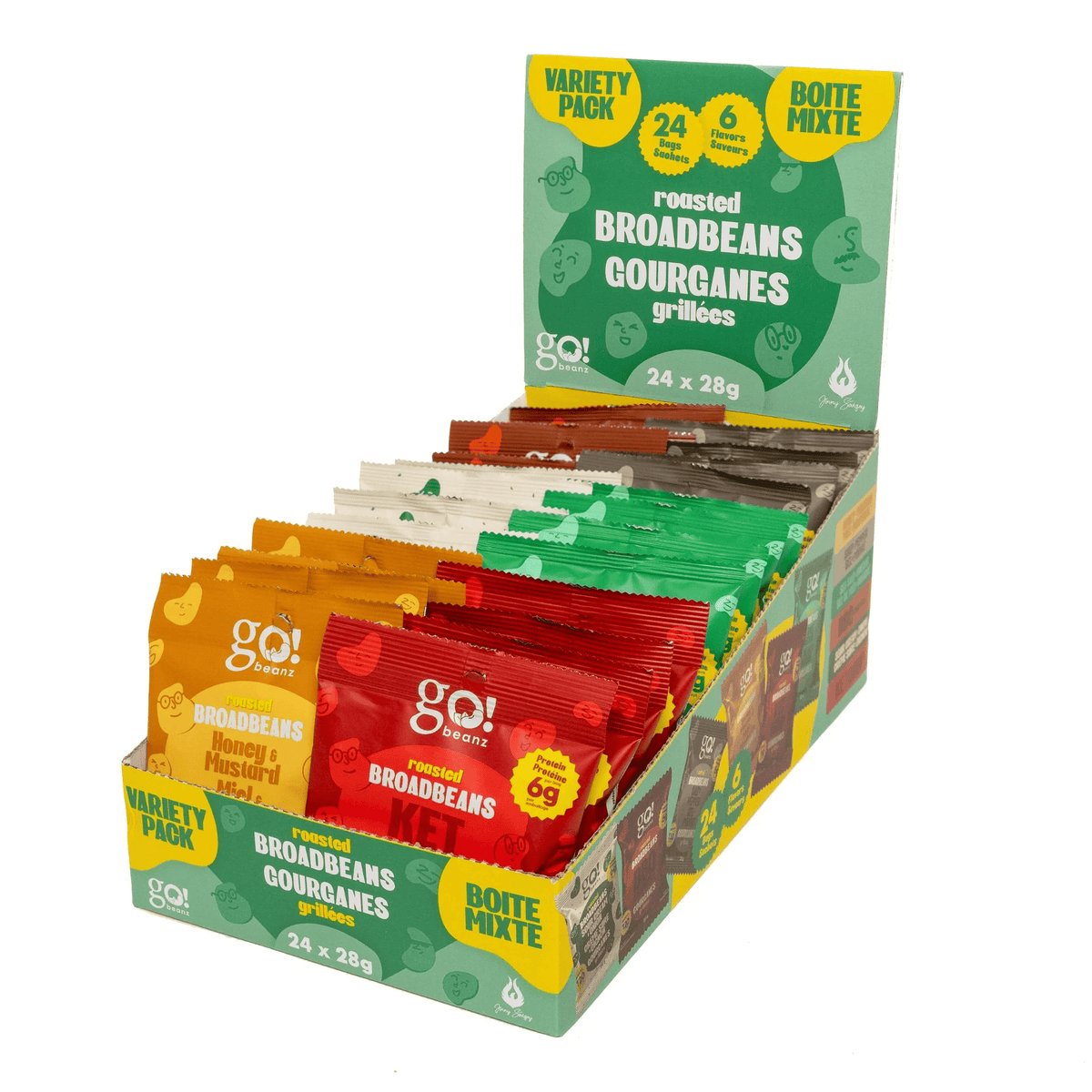 GO NUTRITION Épicerie Go Beanz - Gourganes grillées Boîte mixte gourganes grillées (BBQ chipotle/crème sûre et oignons/ketchup/miel et moutarde/sel et poivre/sel de mer et vinaigre) 6x4un