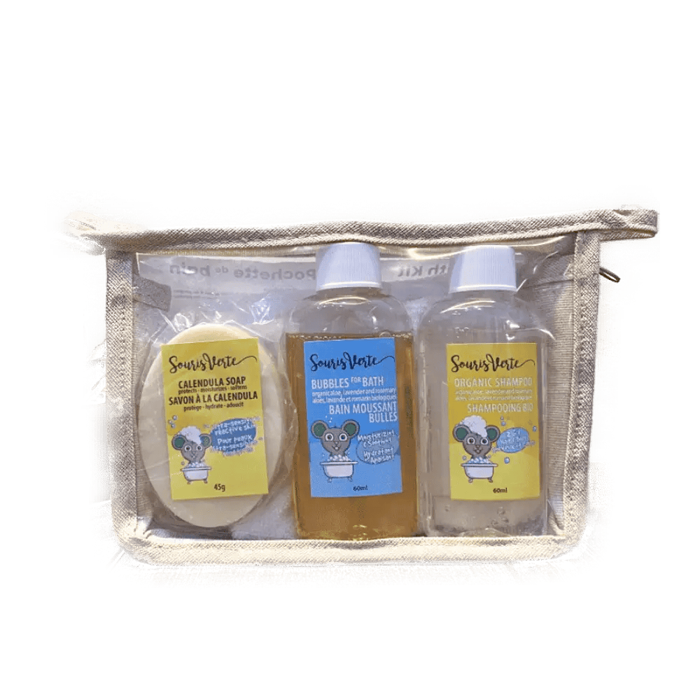 SOURIS VERTE Soins & Beauté Pochette de bain format voyage (savon à la calendula 45g, shampooing cheveux et corps 50ml, bain moussant 50ml, débarbouillette MH, pochette naturelle réutilisable) kit