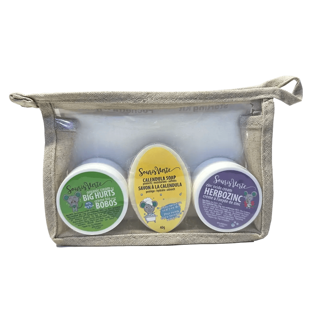 SOURIS VERTE Soins & Beauté Pochette de départ format voyage (savon calendule 15g/ herbozinc 15g/crème bobos 15g/débarbouillette flanelle) kit