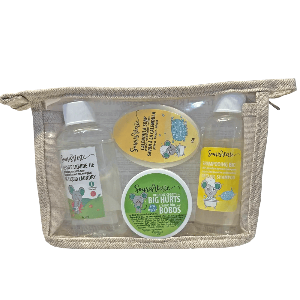 SOURIS VERTE Soins & Beauté Pratique pochette format voyage (savon calendula 50g/shampoing 50ml/crème bobo 15g/liquide lessive sans-parfum 50ml) kit